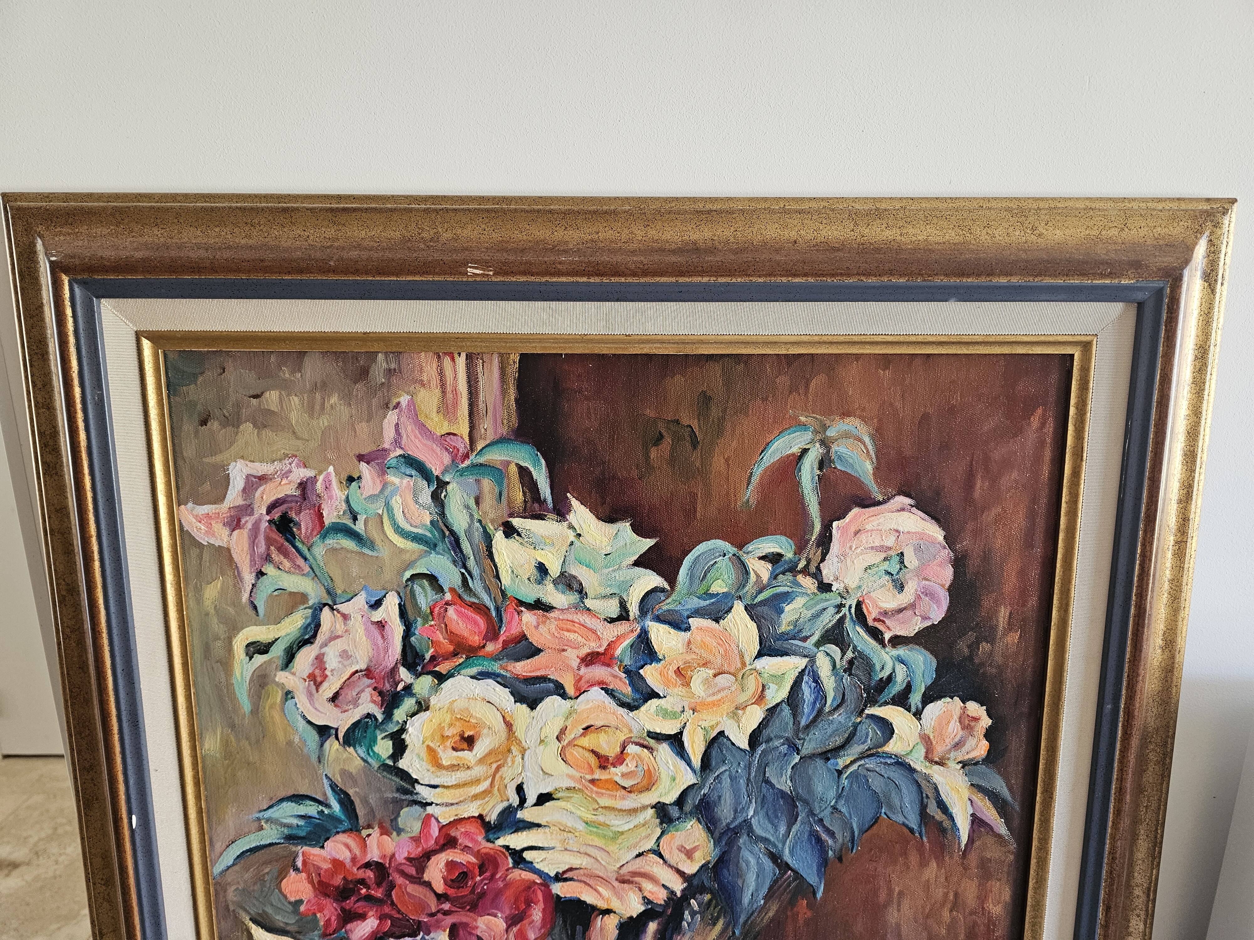 Oil on Canvas Still Life Flower Bouquet Signed Bernamonti