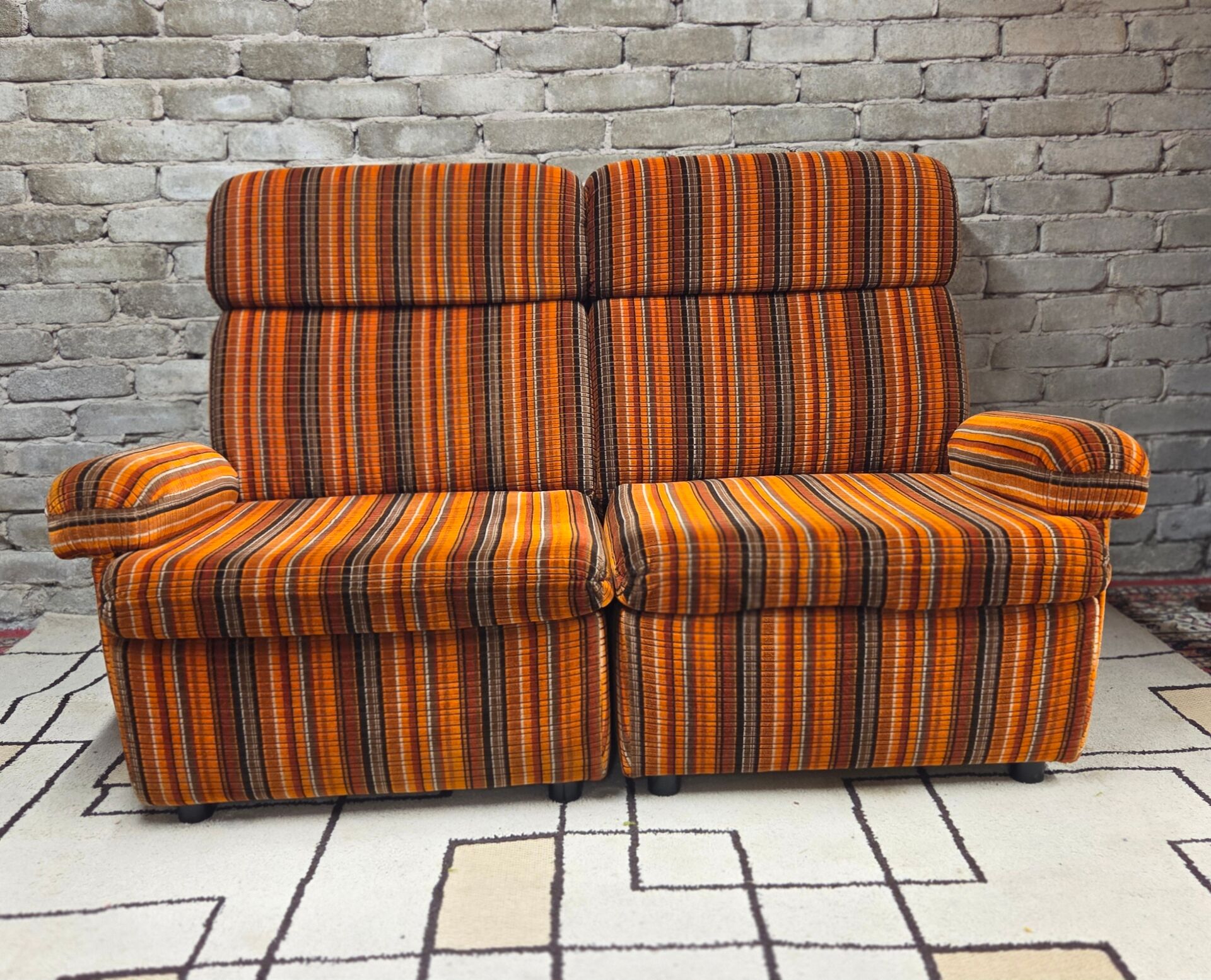 Pair of vintage 1970s modular armchairs – striped orange fabric