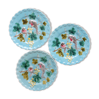 3 blue slurry plates decoration birds Sarreguemines