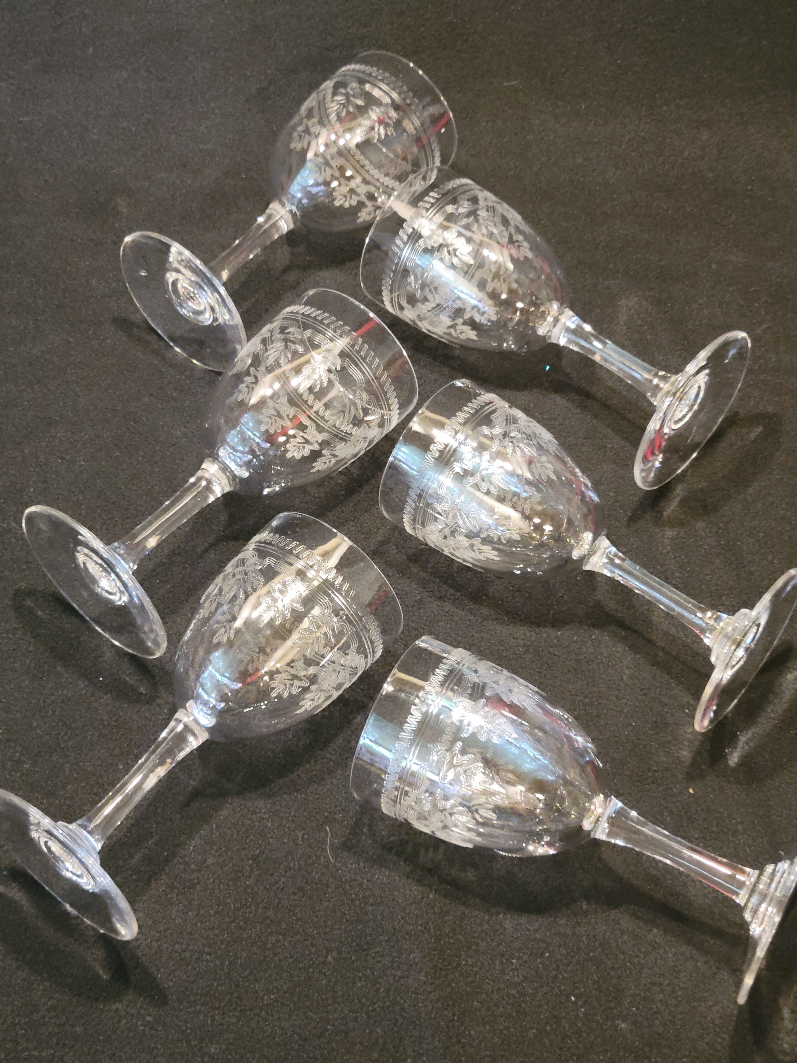 6 old glasses with engraved baccarat crystal wine stems