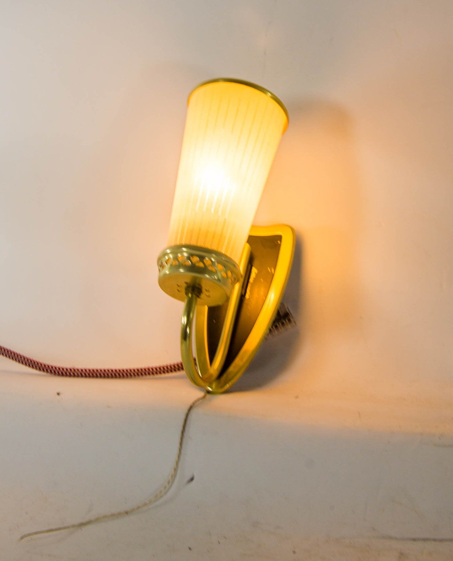 Brass wall lamp and glass with fine stripes mid-century
