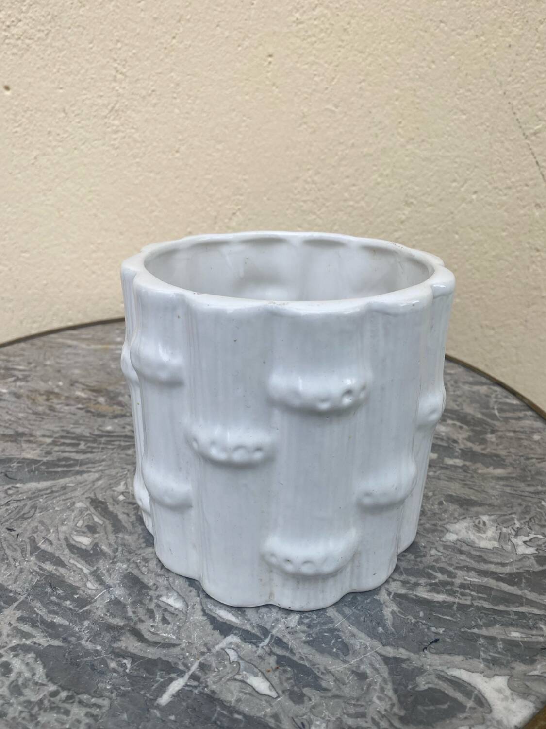 White earthenware flowerpot with bamboo decoration, signed and numbered