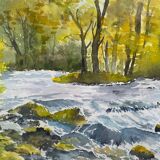 Tableau Aquarelle "Rivière de montagne arborée" par Blanot Wawrzyniak