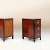 Pair of Art Deco nightstands in burl veneer, oak and copper, France ca. 1910