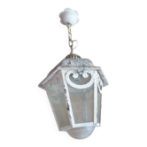 Hanging lantern in metal and glass from the 60s - cracked white paint