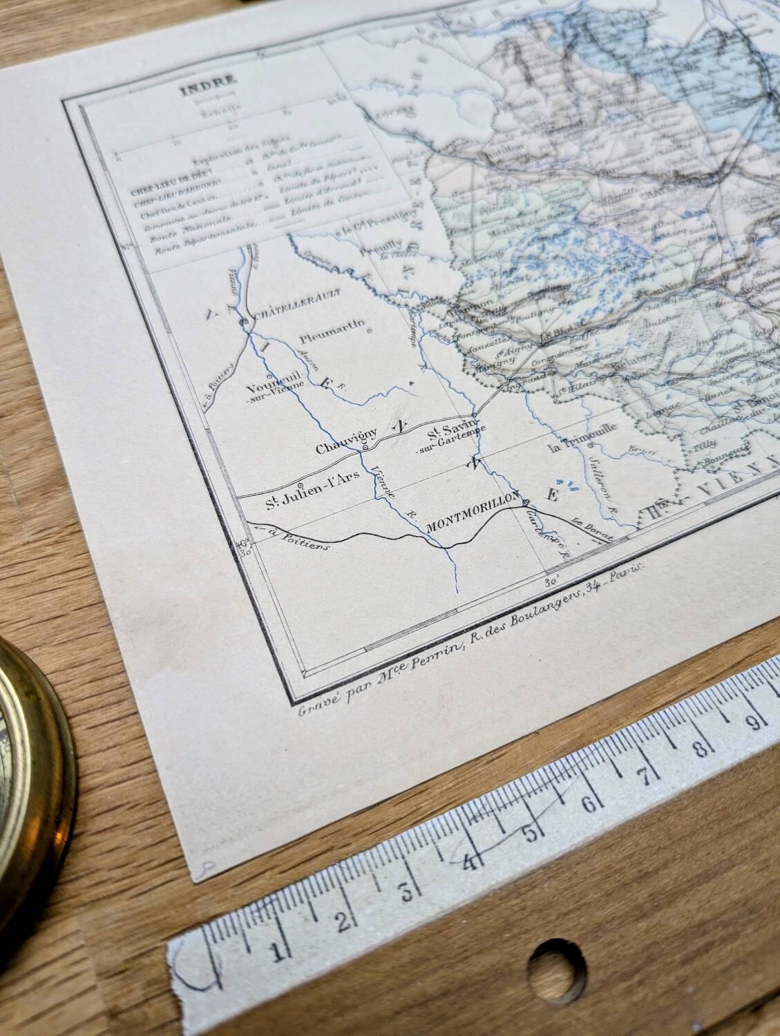 Map of Indre, printed in 1889. Authentic Vintage.