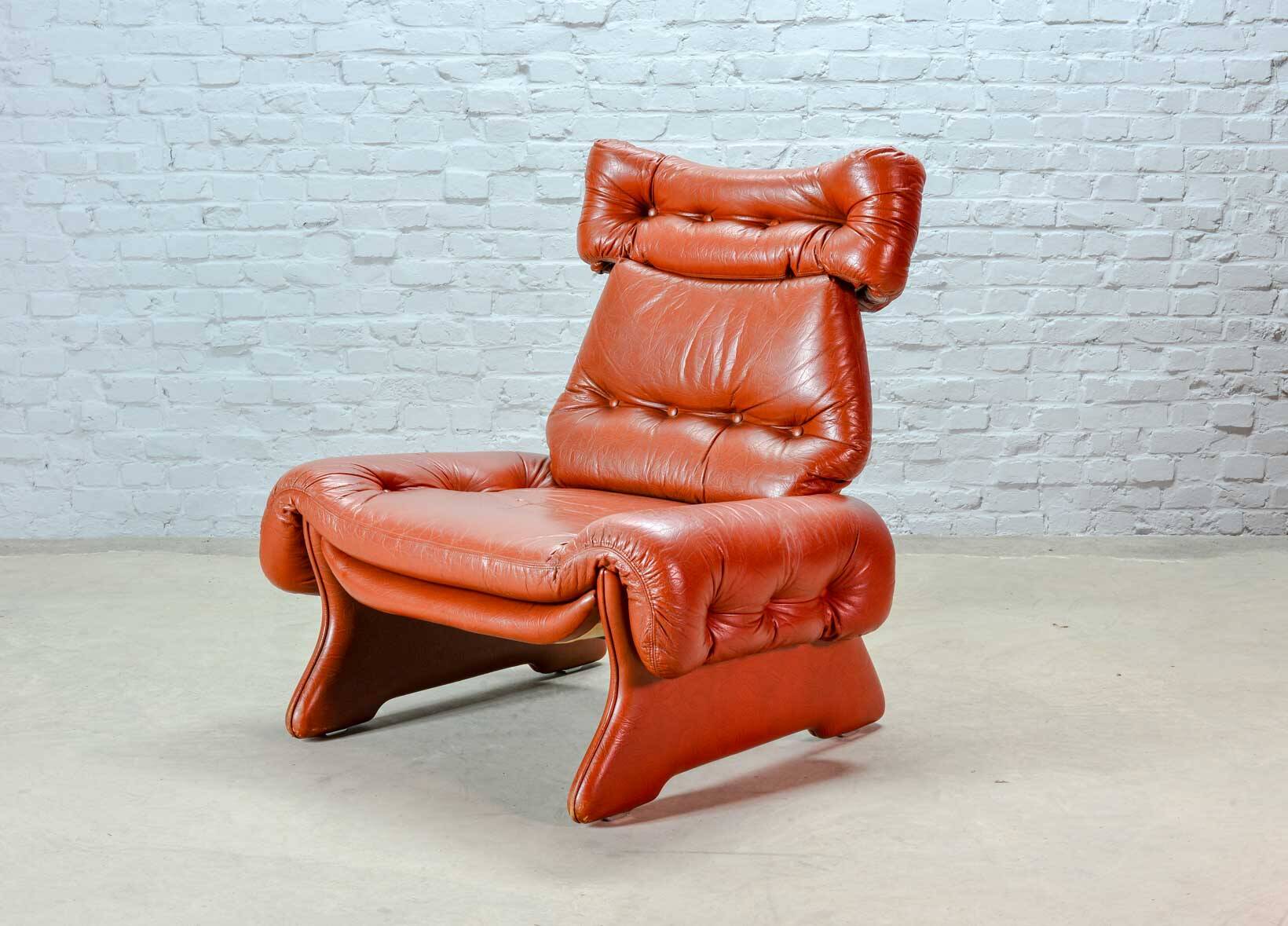 Brutalist Sculptured Brazilian Style Cognac Leather Lounge Chair, 1970s