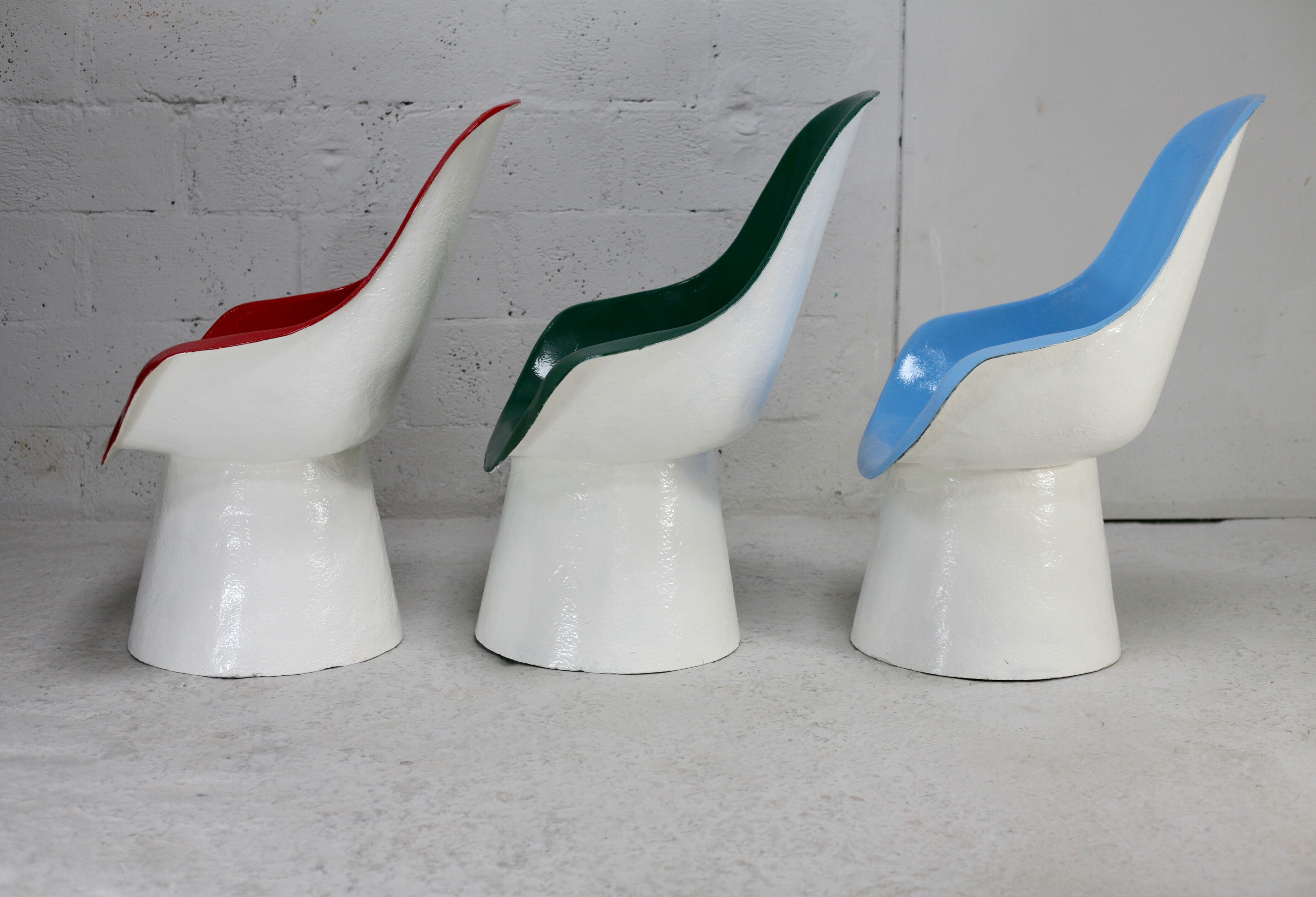 3 painted fiberglass “space age” armchairs. France, circa 1970