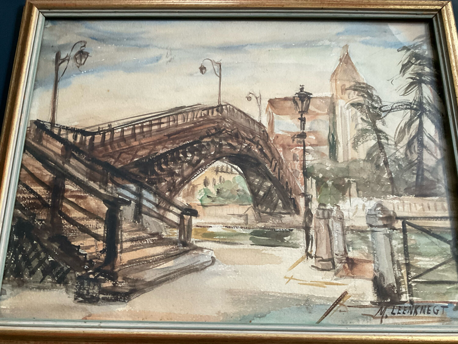 Tableau aquarelle signée avec cadre en bois doré