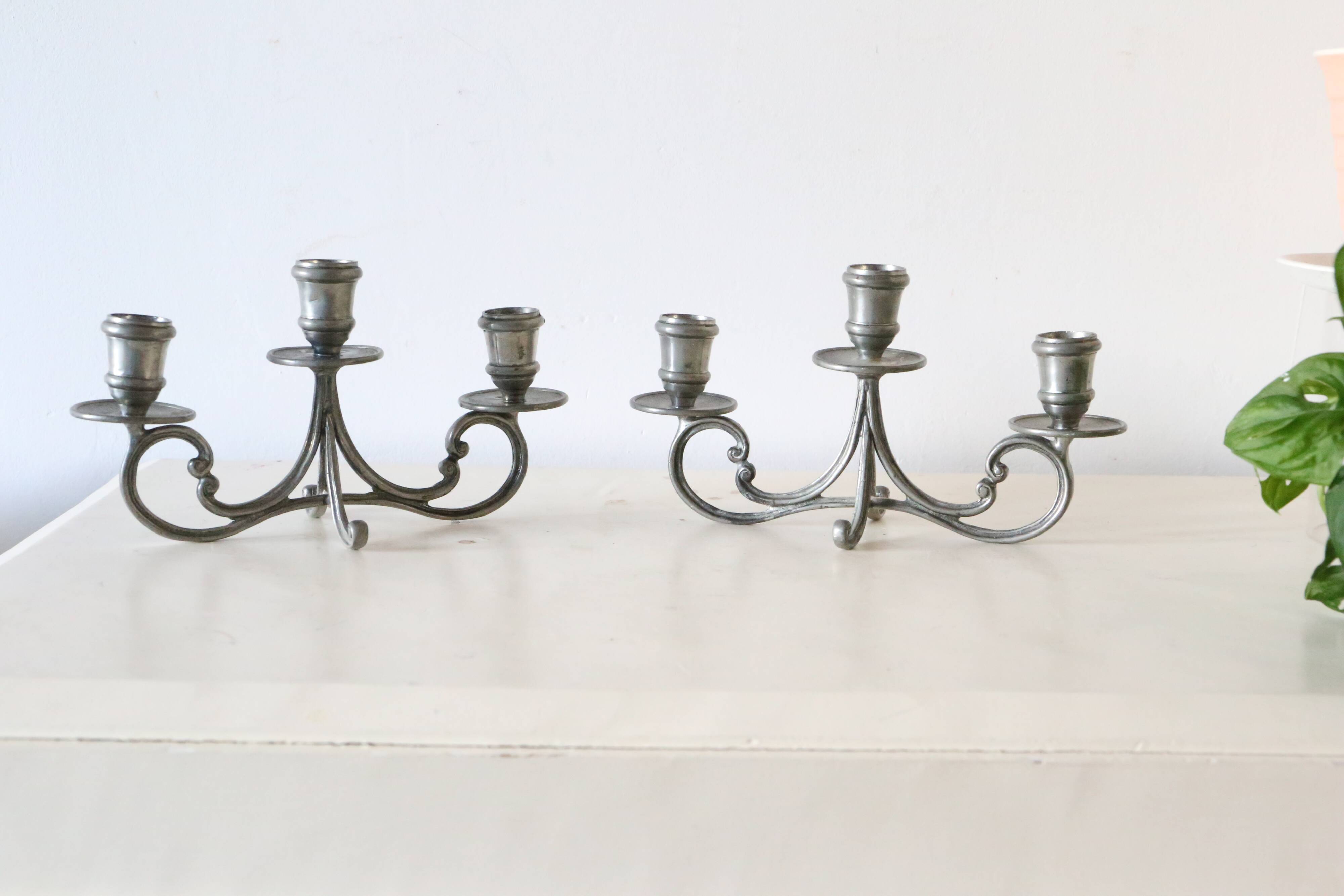 Duo of tin candlesticks, 3 lights, Gothic motifs, vintage