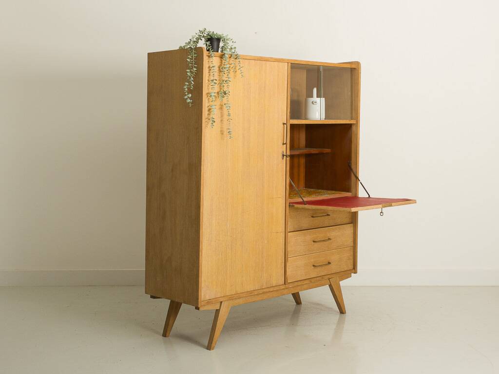 Oak desk cabinet with wardrobe space and fully pickled showcase, circa 60
