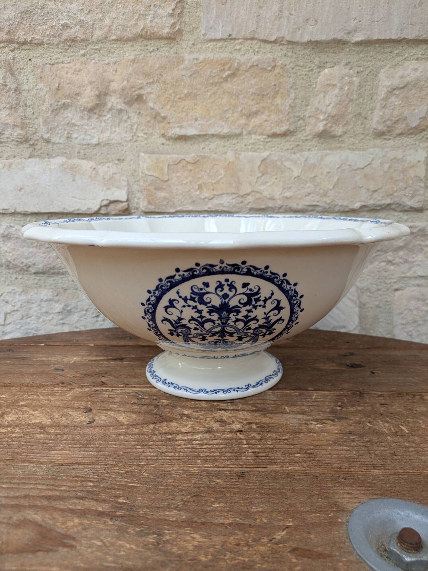 Vintage large salad bowl Gien Rouen model blue arabesques 30x14cm
