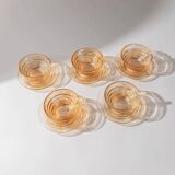 Vintage 1950s glass coffee cups, set of 5, iridescent peach ribbed glass with saucers, Italian design Gondolo.