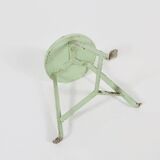 Industrial green painted stool with steel base and wooden top, France 1930s