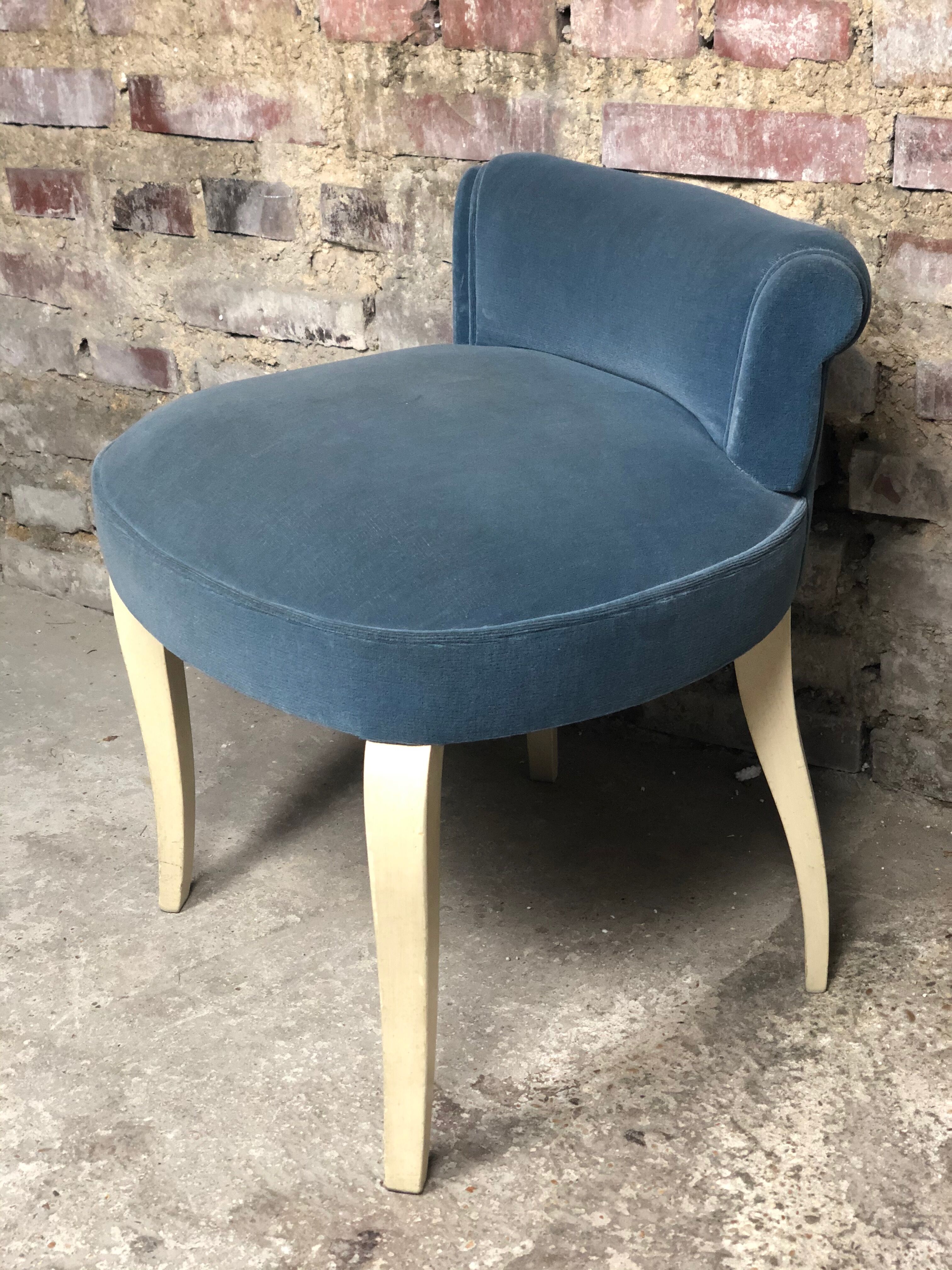 1930 blue velvet hairdresser chair and curved wooden feet