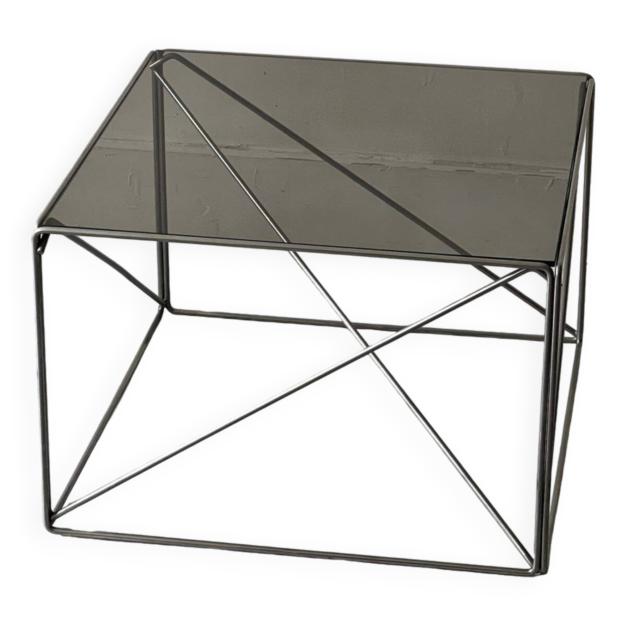 Smoked glass and chrome designer coffee table by Max Sauze, Isocèle collection, 1970