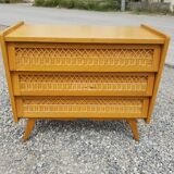 Vintage chest of drawers 3 drawers in oak and rattan - 60s