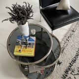 Milo Baughman vintage round coffee table with chrome swivel tops and smoked glass