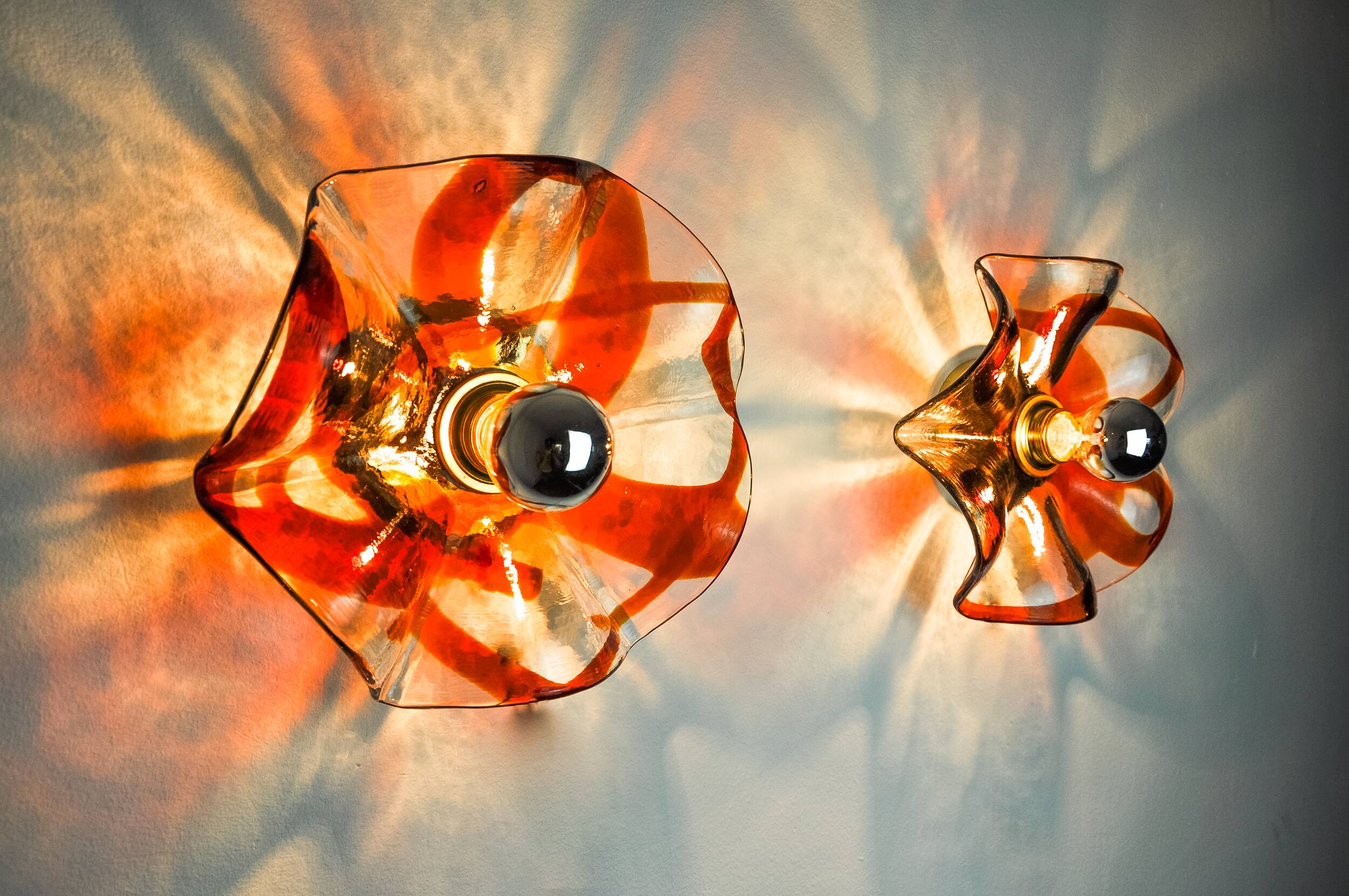 Pair of Fleur wall lights by Murina, orange Murano glass, Italy, 1970