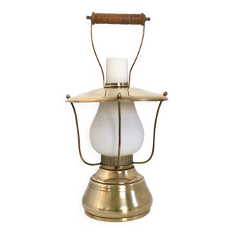 Vintage Brass and Encased Glass Lantern Table Lamp, Italy