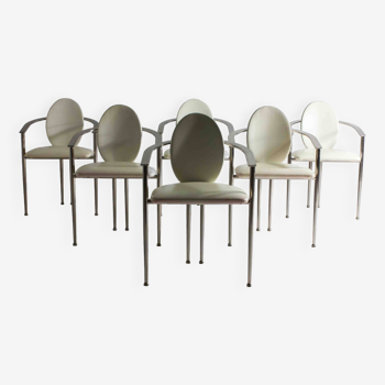 6 chaises à manger postmodernes en acier et cuir blanc, Belgique 1980