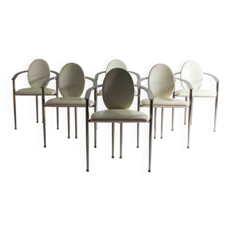 6 chaises à manger postmodernes en acier et cuir blanc, Belgique 1980