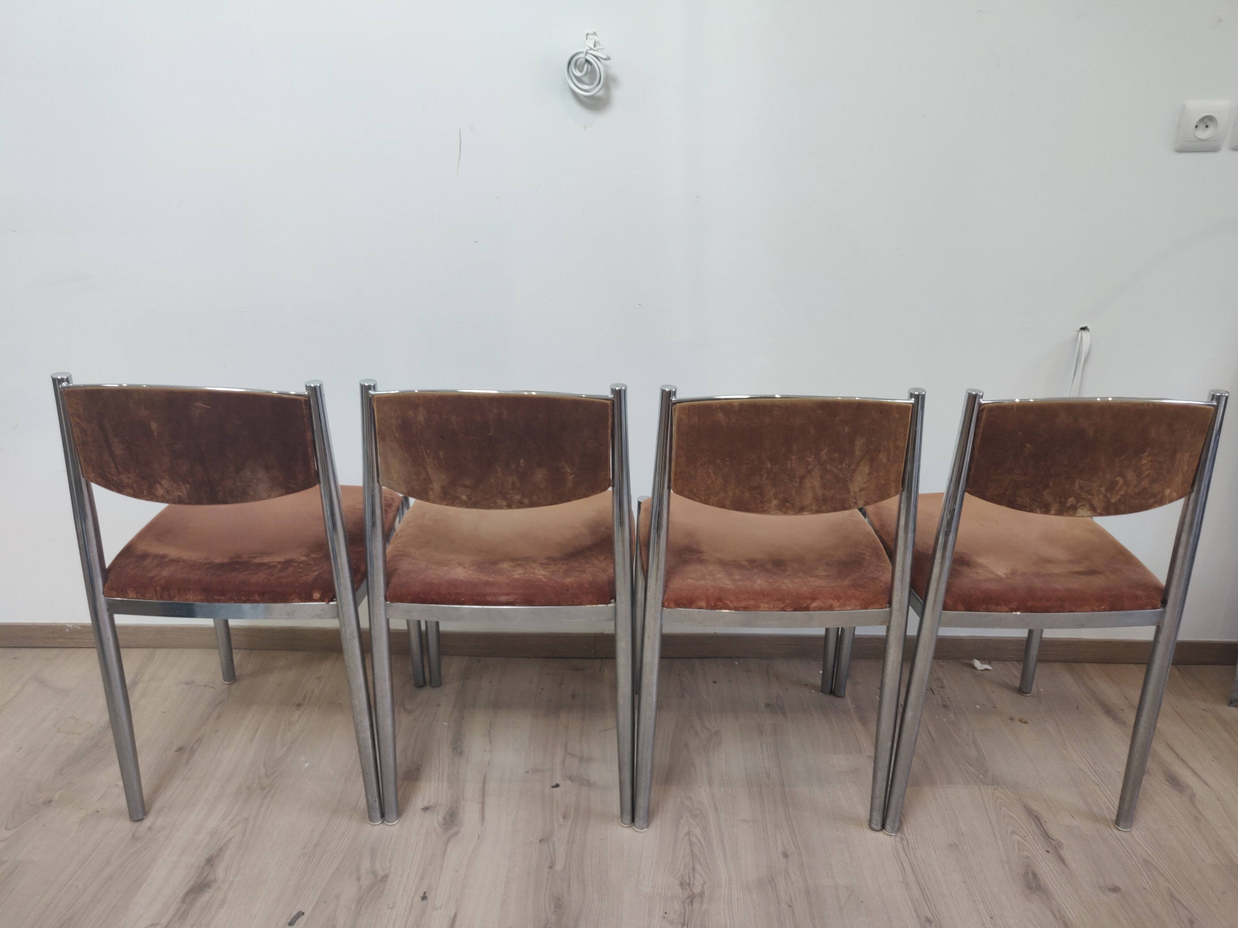 Suite of 4 chairs 70s chrome metal and velvet