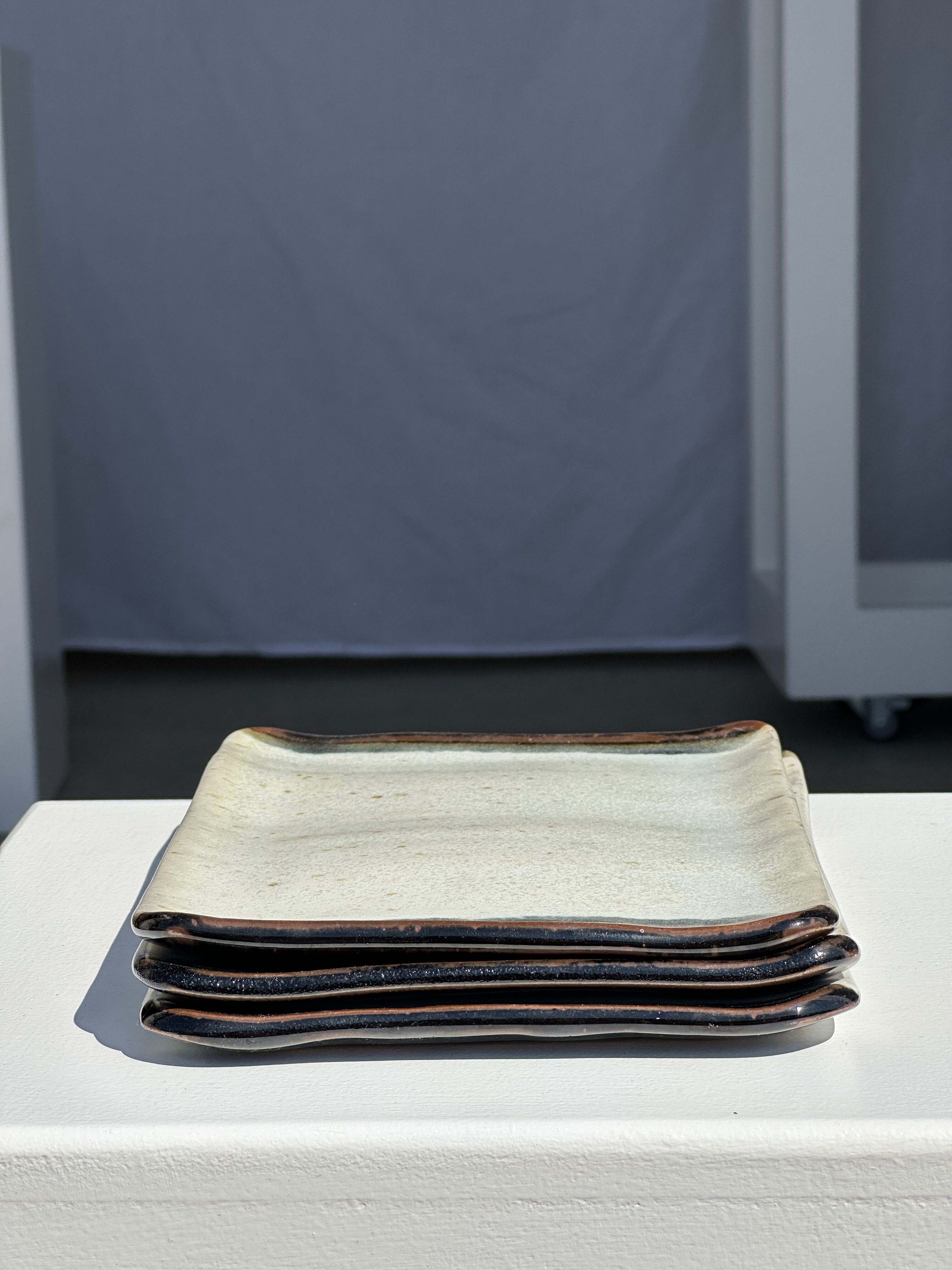 Trio of small rectangular serving dishes white and black Indonesian ceramic 21x16