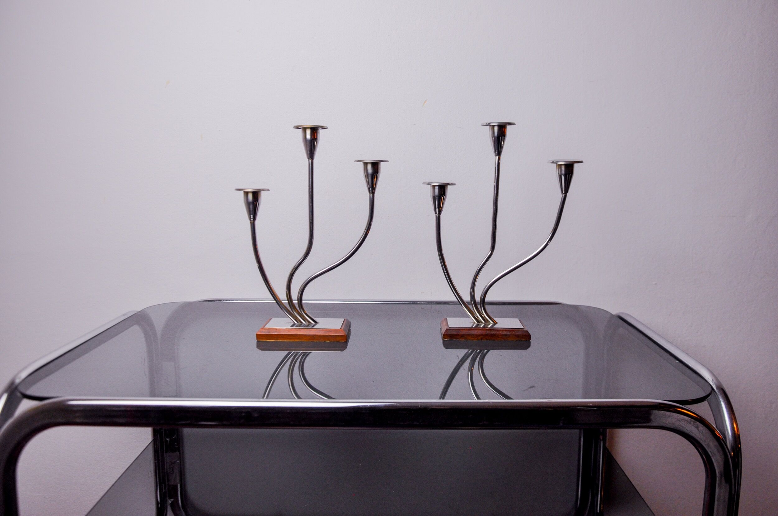 Pair of art deco candlesticks in stainless steel and rosewood 3 flames, Spain, 1970
