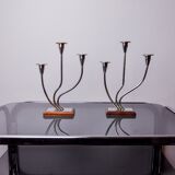 Pair of art deco candlesticks in stainless steel and rosewood 3 flames, Spain, 1970