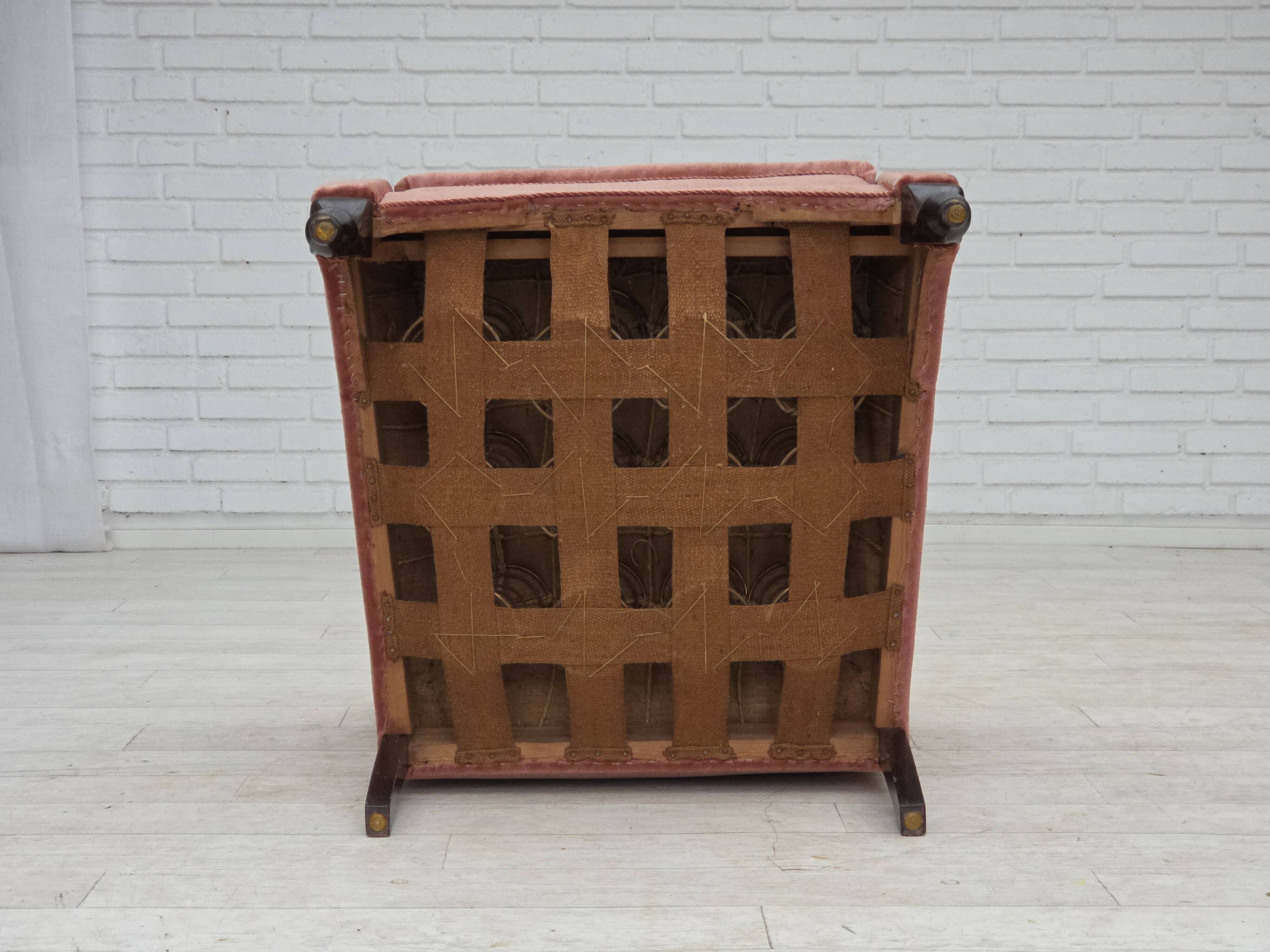 1950s, Danish armchair, salmon pink furniture velour, oak wood.