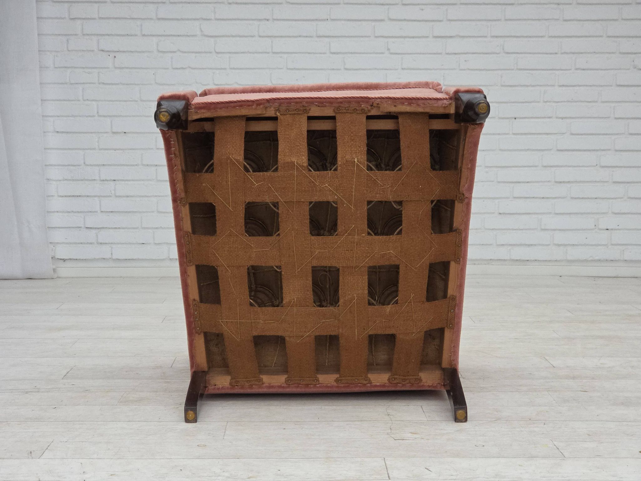 1950s, Danish armchair, salmon pink furniture velour, oak wood.
