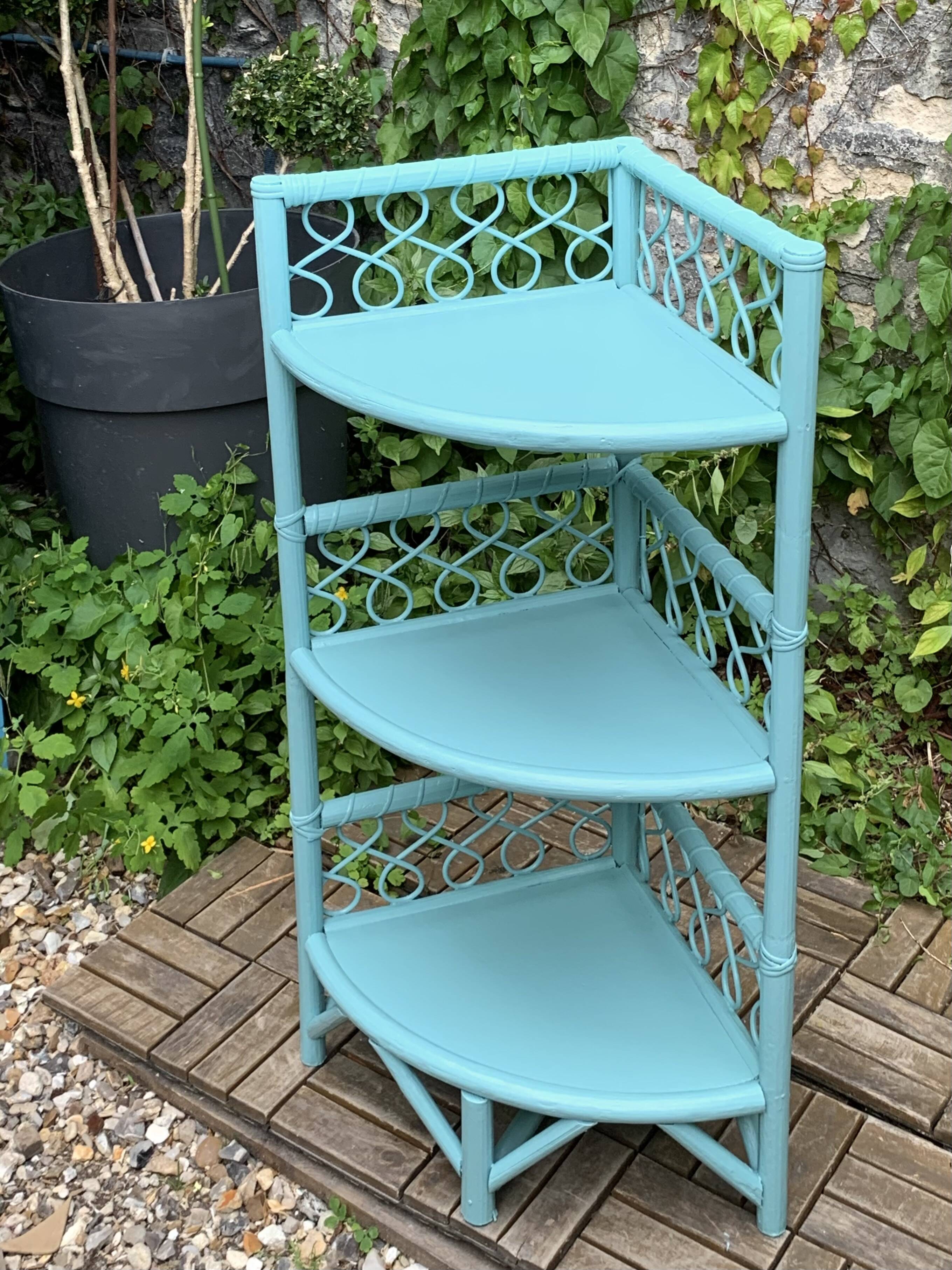 Vintage turquoise rattan corner shelf 1960