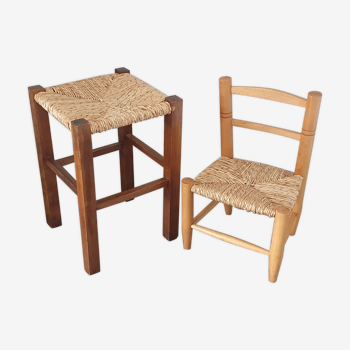 Tabouret et chaise empaillés