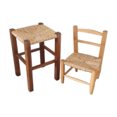 Tabouret et chaise empaillés