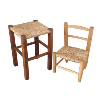 Tabouret et chaise empaillés