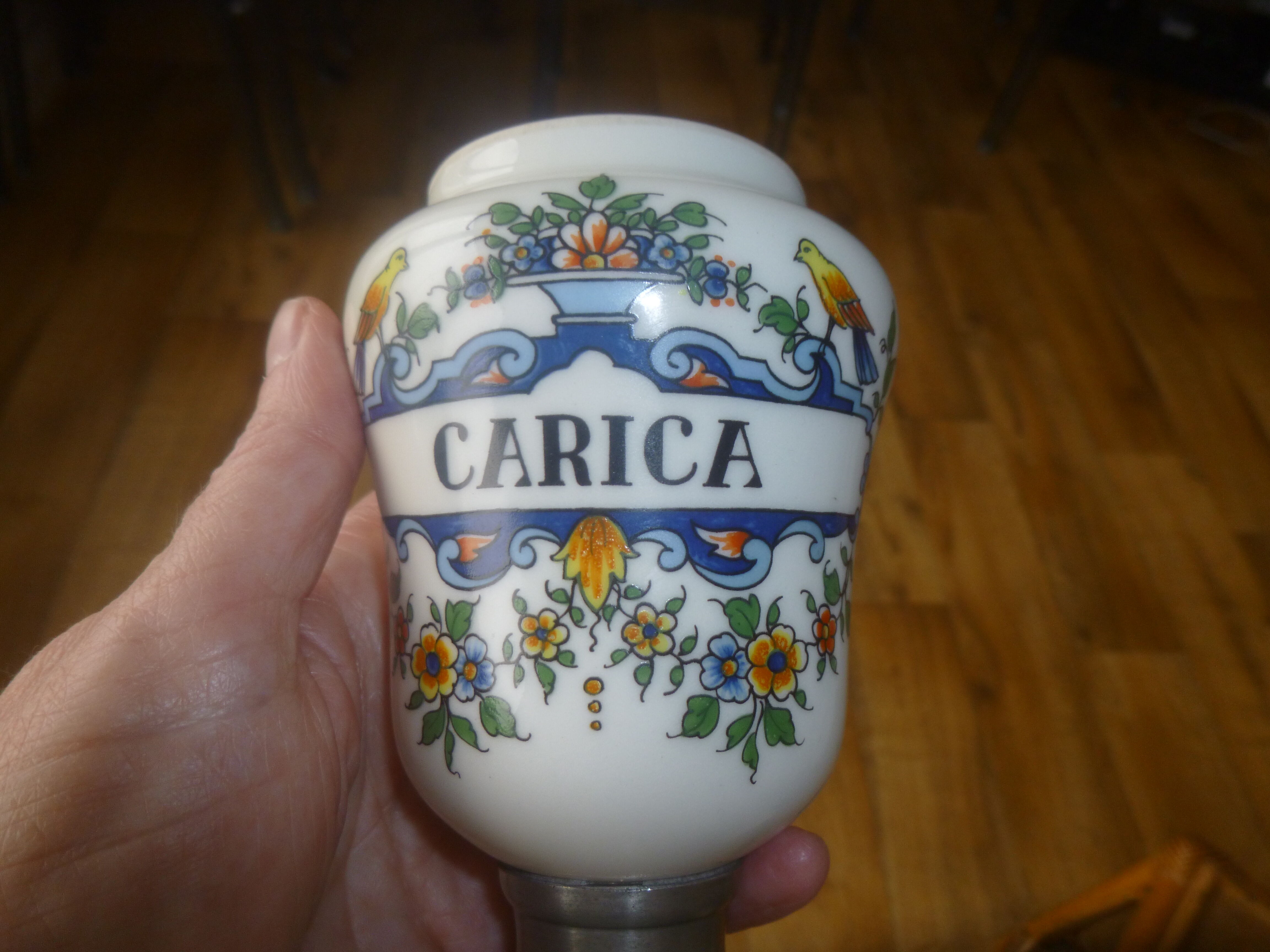Old apothecary jar in pewter and porcelain