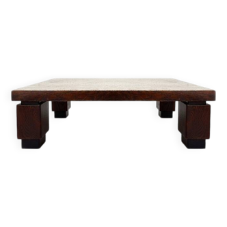 Wood and travertine top large coffee table