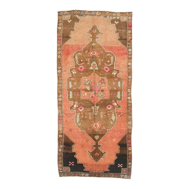 Vintage Turkish Hand-Knotted Wool Cotton Orange Runner 159x366
