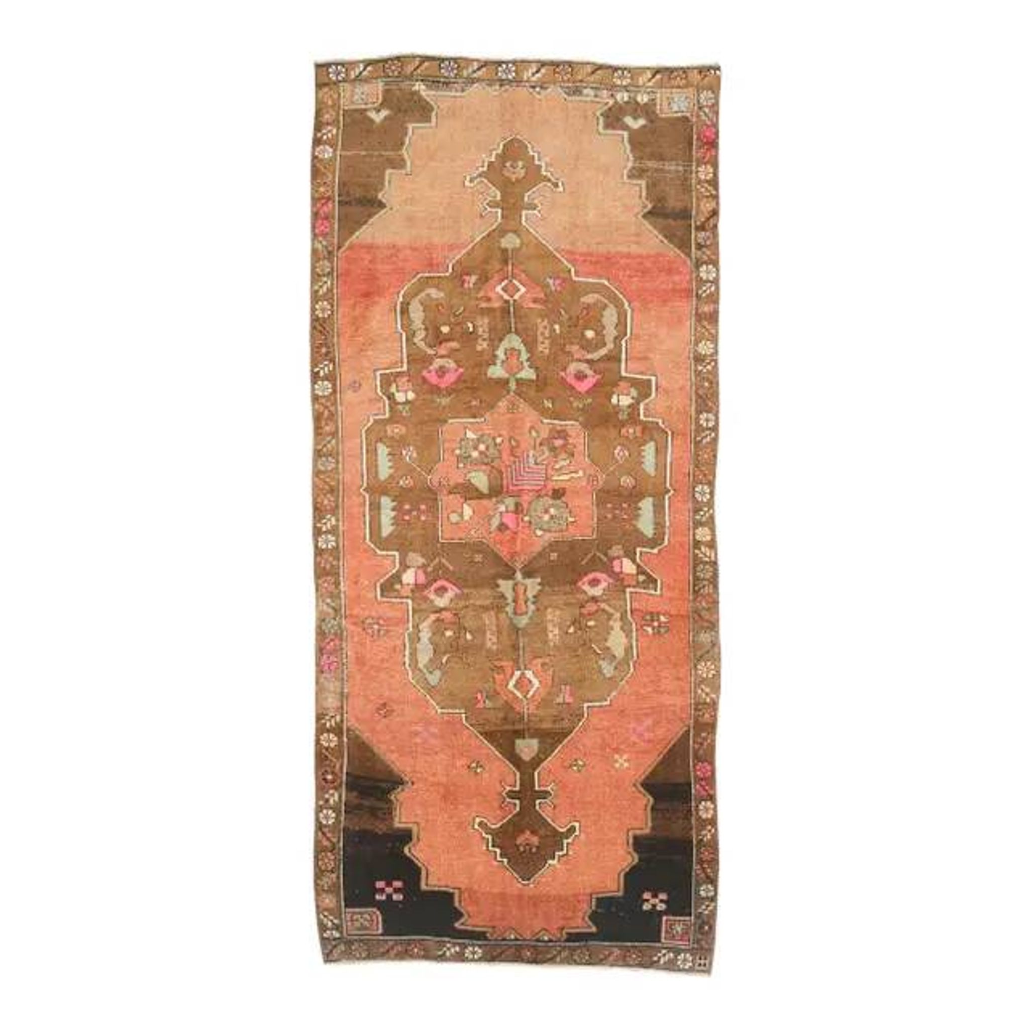 Vintage Turkish Hand-Knotted Wool Cotton Orange Runner 159x366
