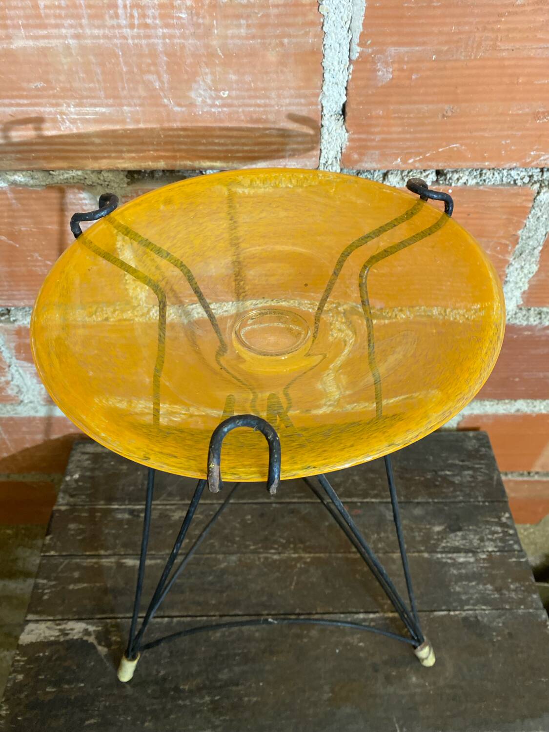 Antique Tripod Side Table Black Metal & Yellow Glass Bowl Years