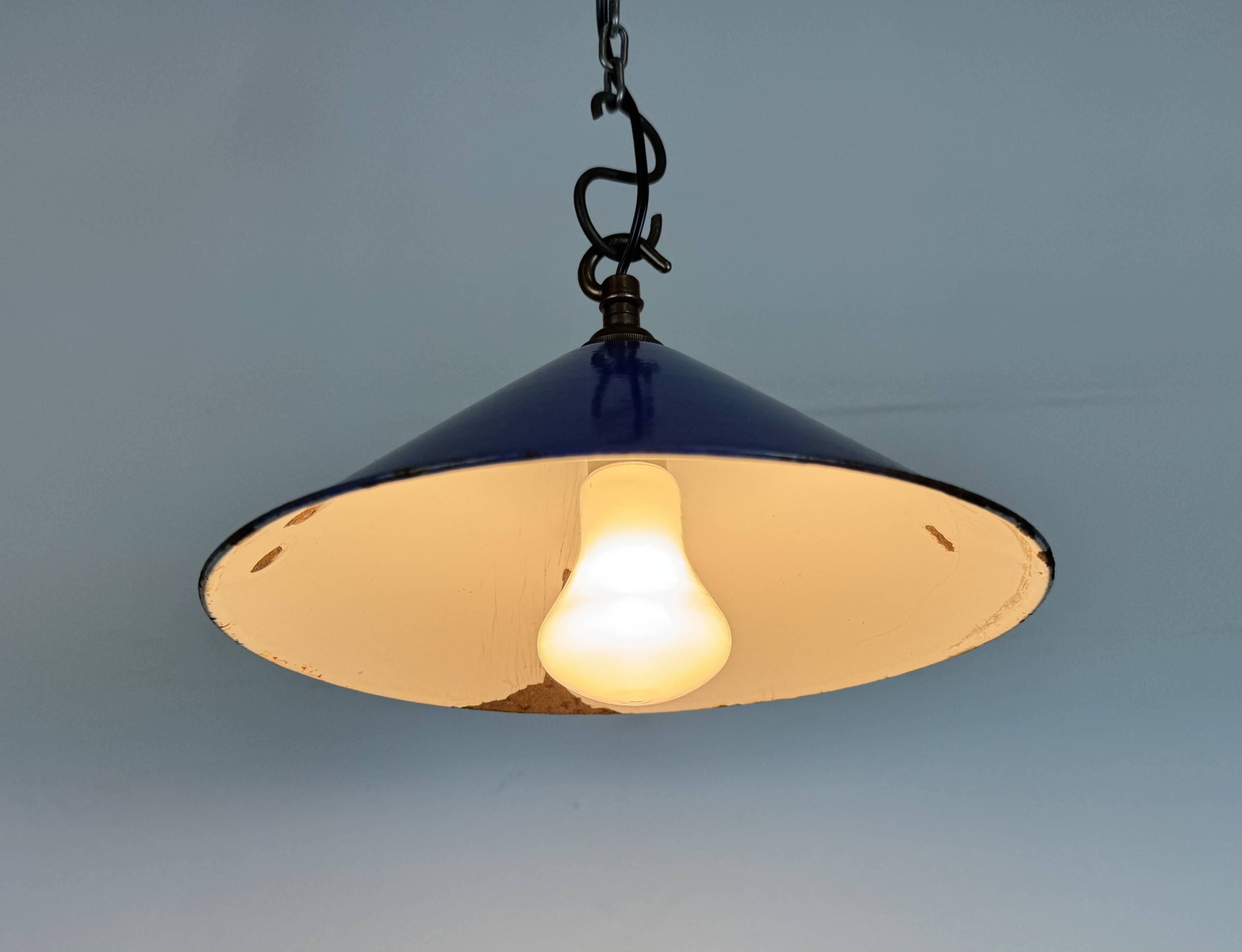 Industrial Blue Enamel Factory Pendant Lamp, 1950s