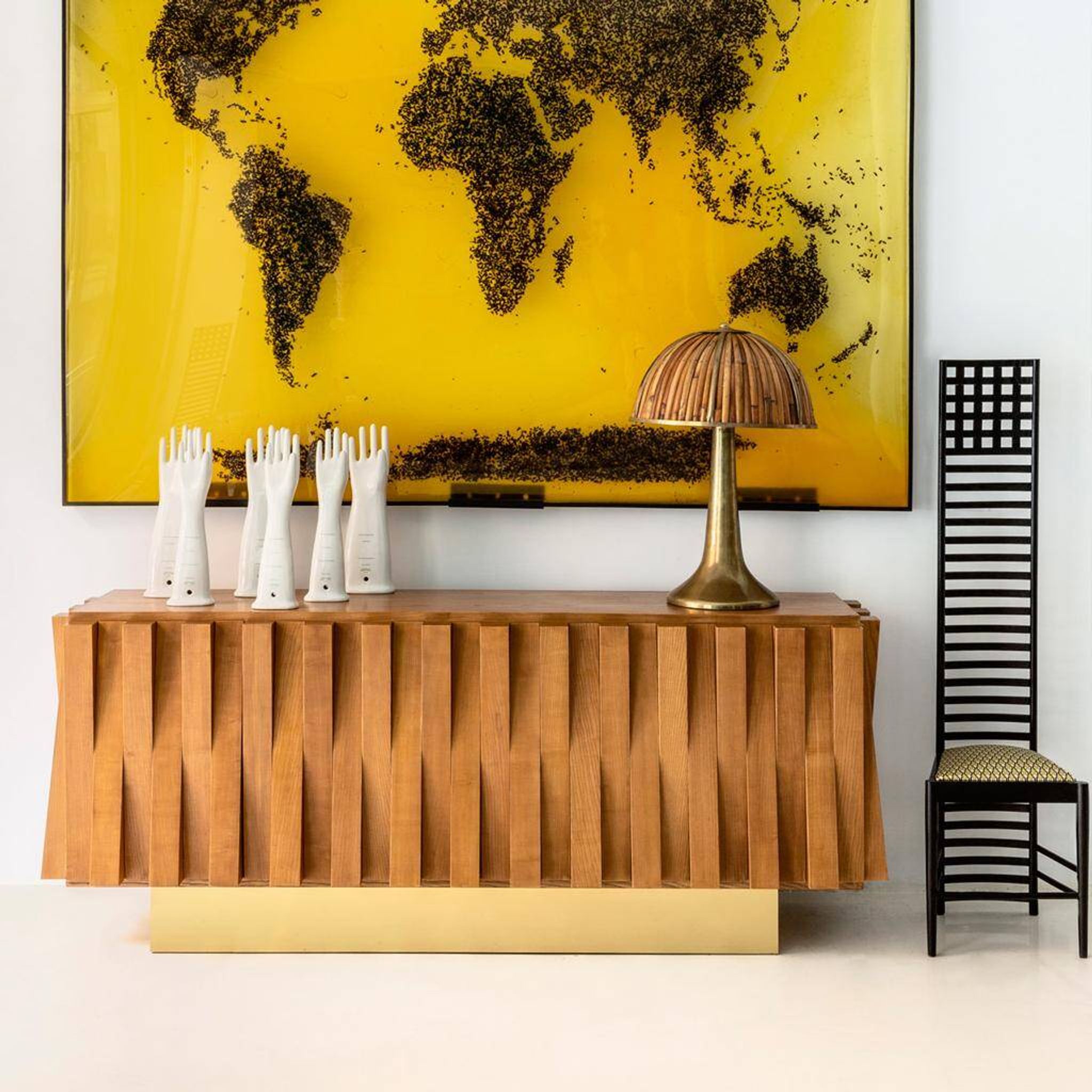 Contemporary Italian Dry Bar Made of Wood and Brass in Brutalist Style