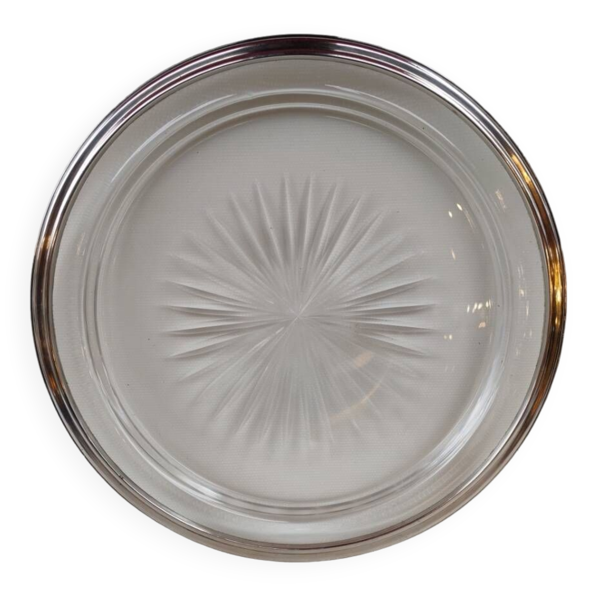 Cut crystal tray and solid silver rim.