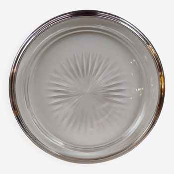 Cut crystal tray and solid silver rim.