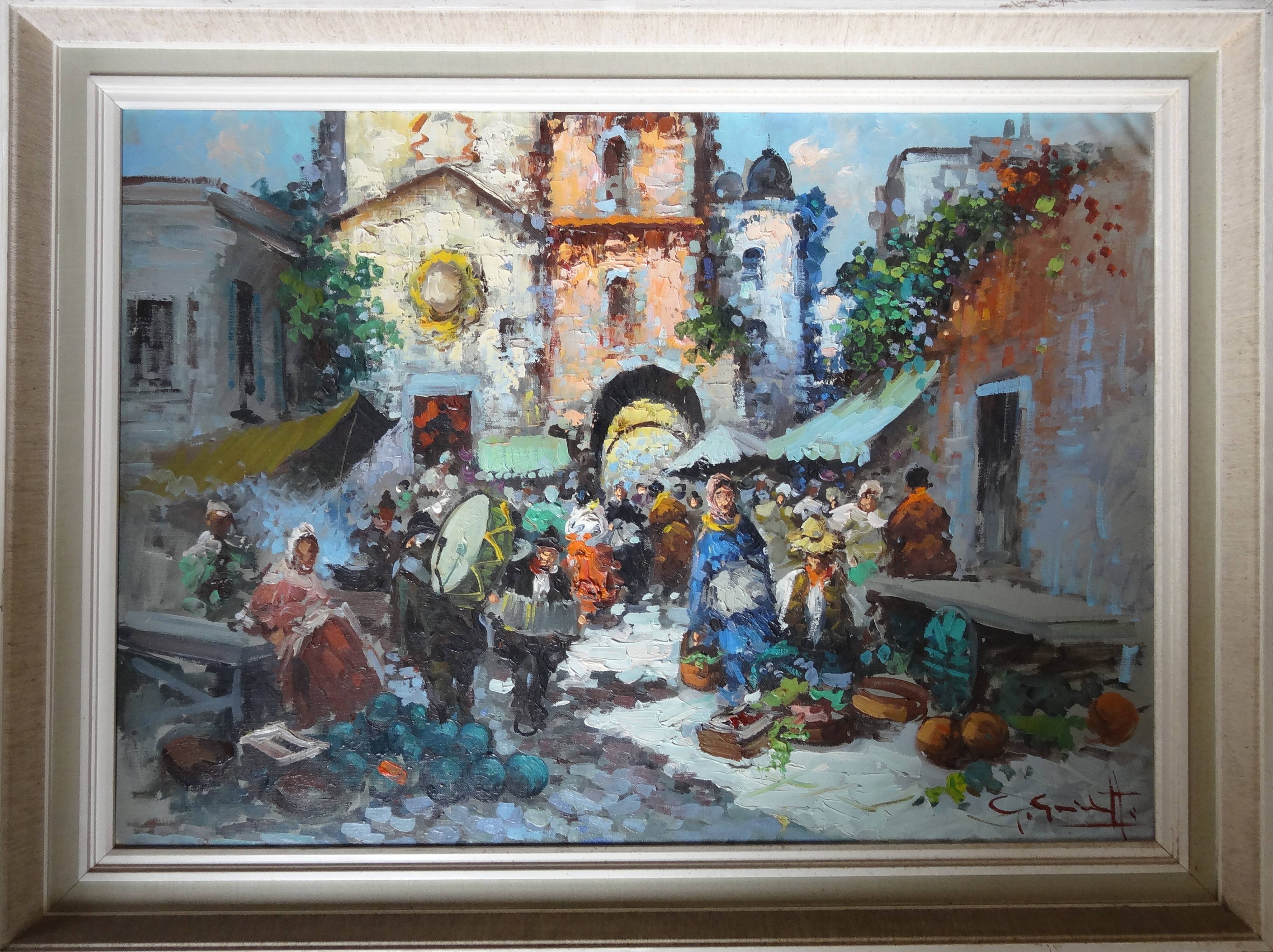 Neapolitan market scene, Oil on canvas 81 x 61 by Giovanni GUIDOTTI