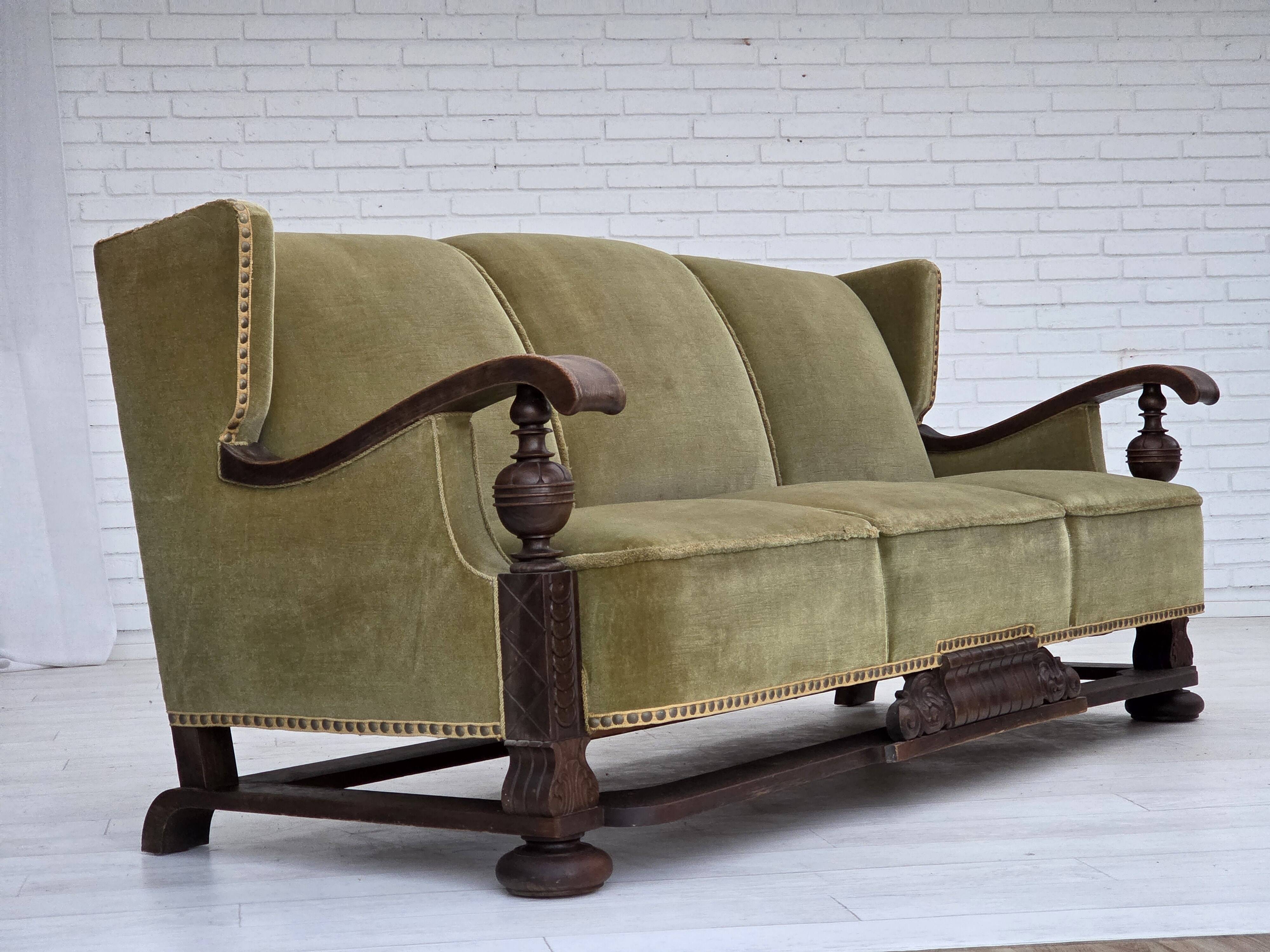 1950s, 3-seater Danish sofa, original condition, furniture velour, oak.