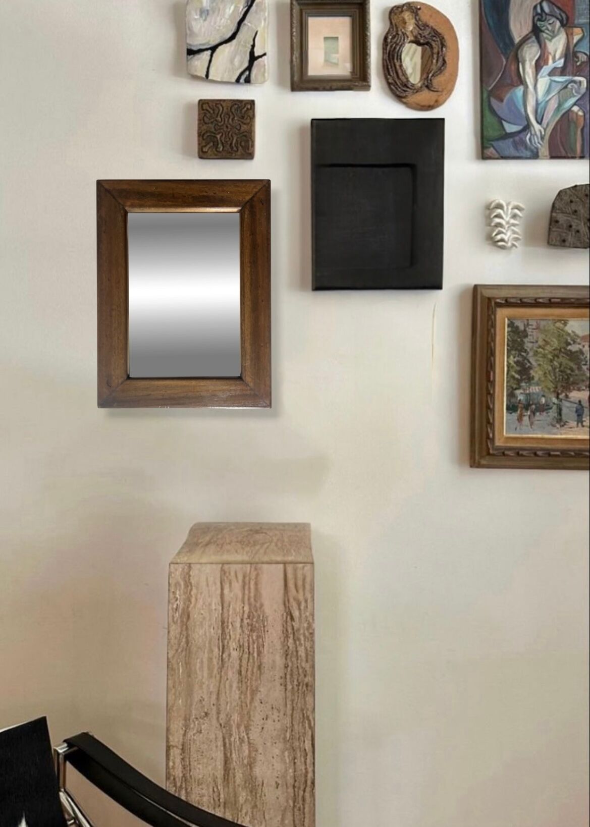 Brutalist rectangular wall mirror in solid wood, France 1950.