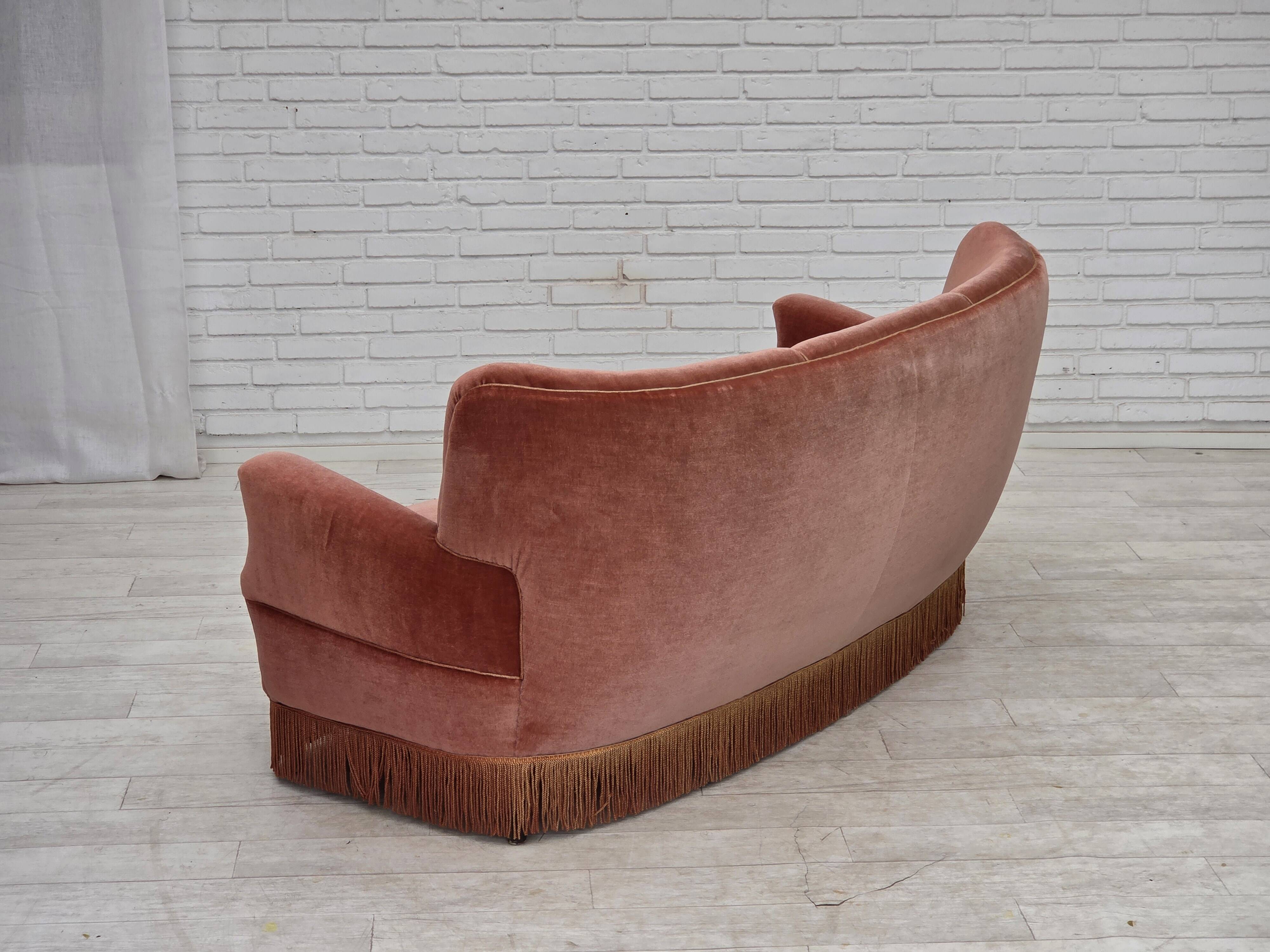 1970s, 3-seater Danish curved sofa, pink furniture velour.
