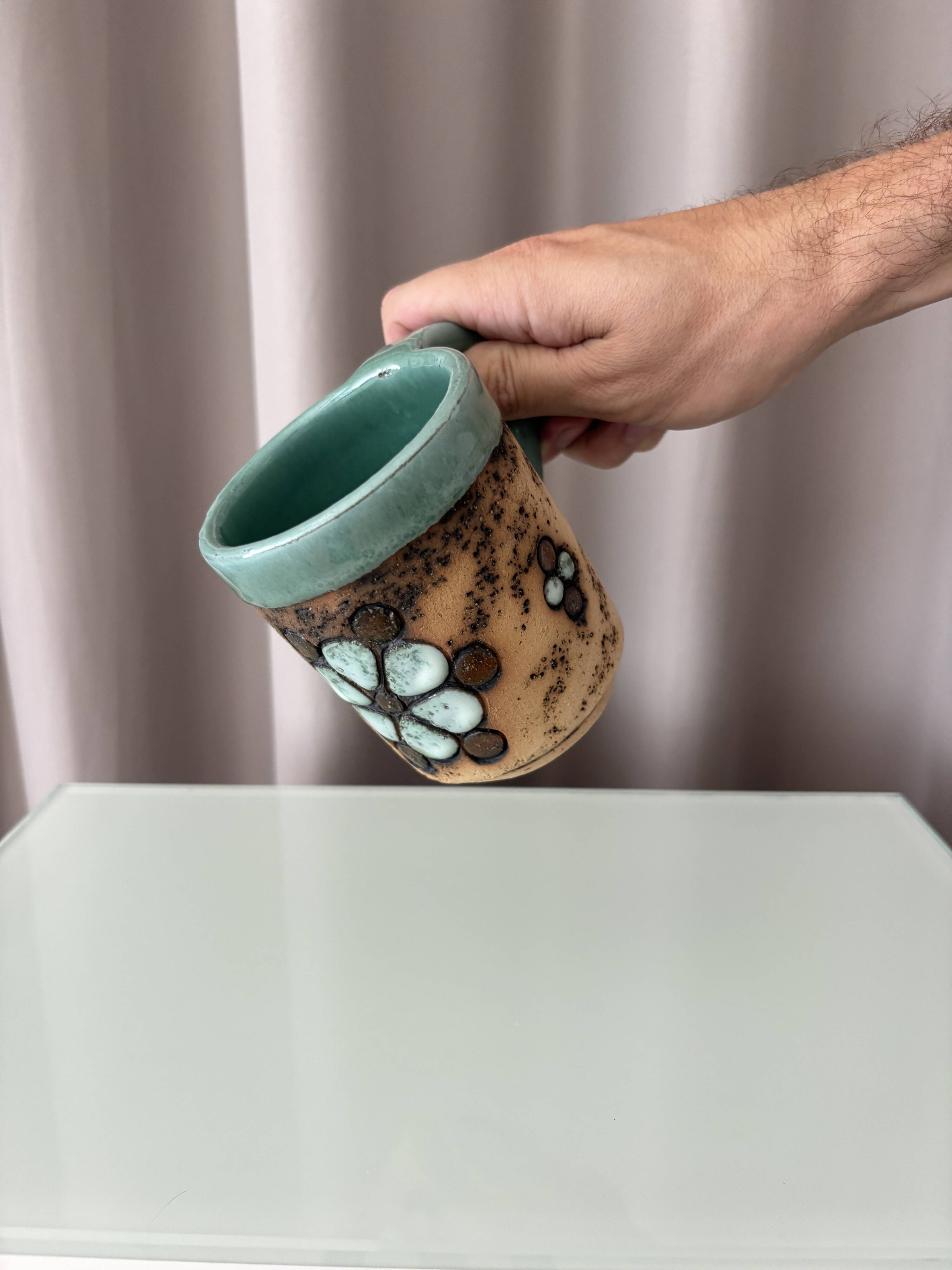Vintage Handmade Studio Pottery Mug | Brutalist Floral Ceramic | 1970s